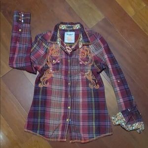 Ladies Roar Button Down Pink and Orange Plaid XL